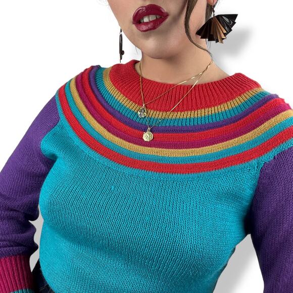 ❌SOLD❌1970's QUEENS WAY TO FASHION rainbow knit sweater made in Korea - Picture 4 of 17